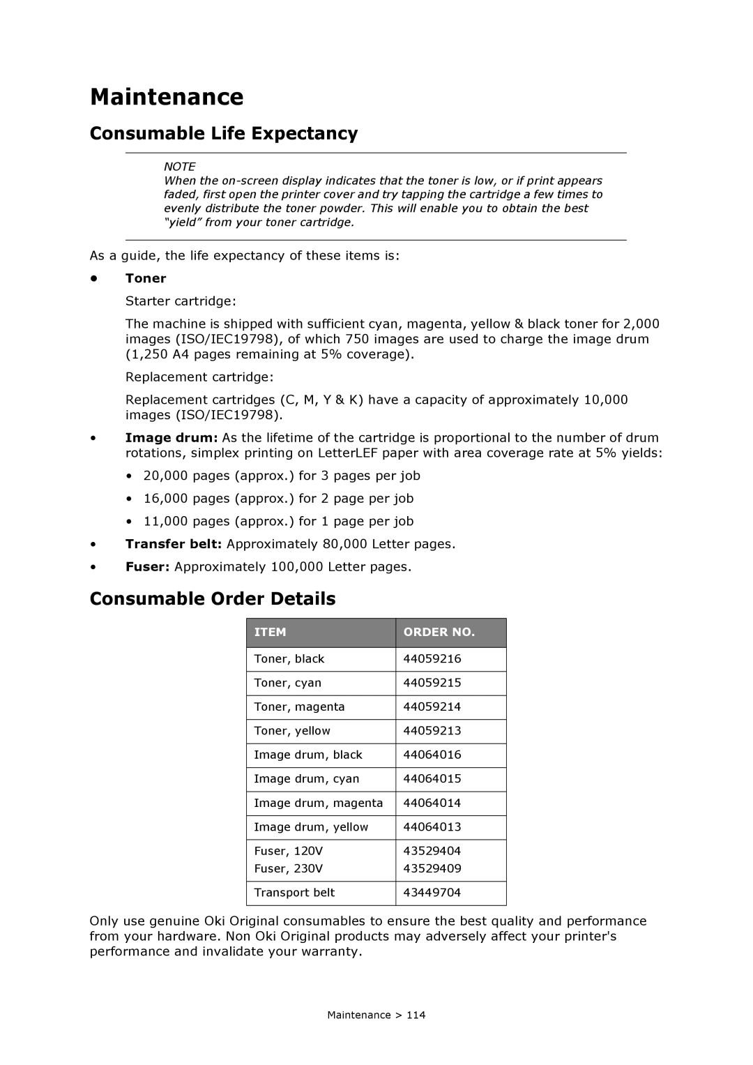 Oki MC860n MFP manual Maintenance, Consumable Life Expectancy, Consumable Order Details, Toner 