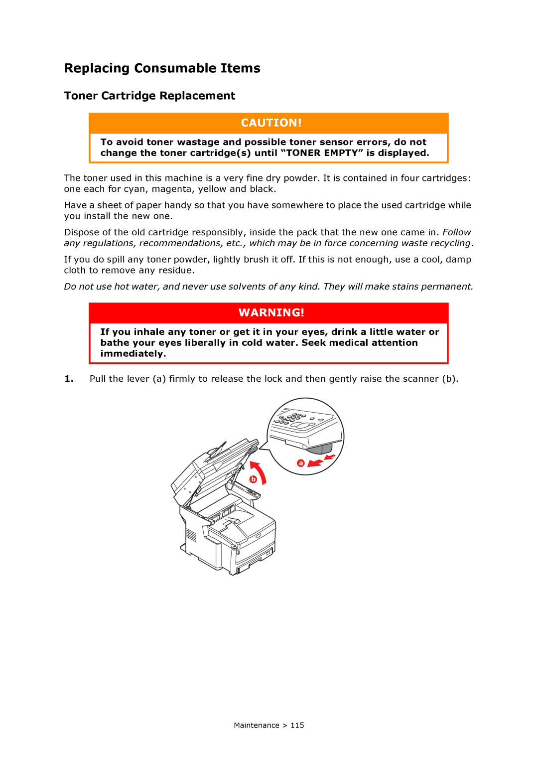 Oki MC860n MFP manual Replacing Consumable Items, Toner Cartridge Replacement 