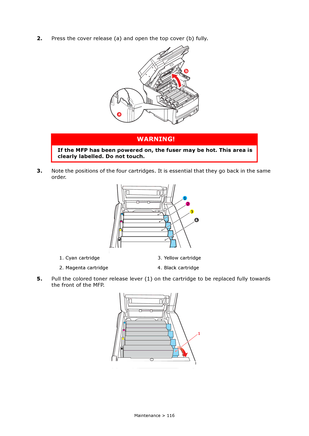 Oki MC860n MFP manual Press the cover release a and open the top cover b fully 