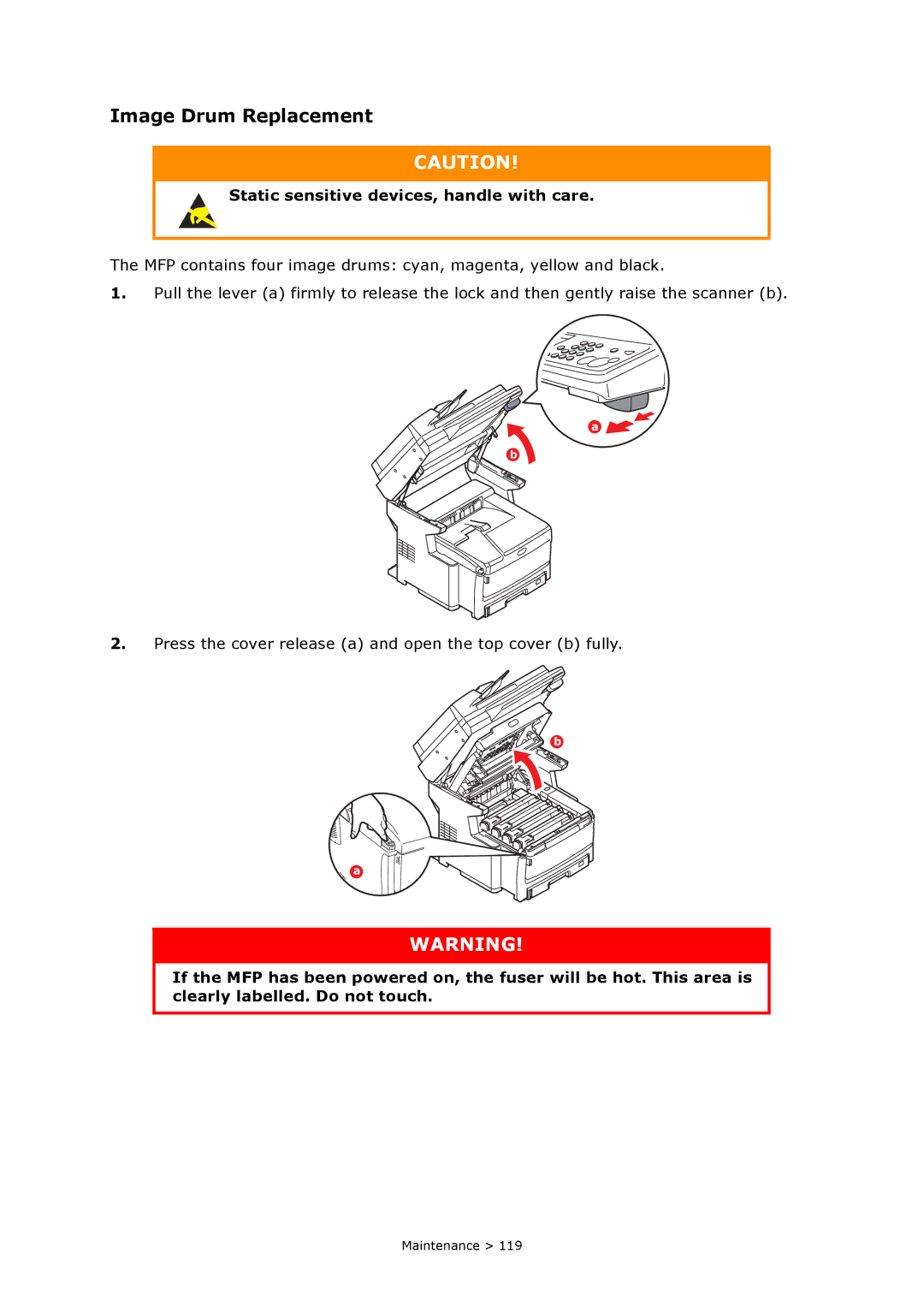 Oki MC860n MFP manual Image Drum Replacement, Static sensitive devices, handle with care 