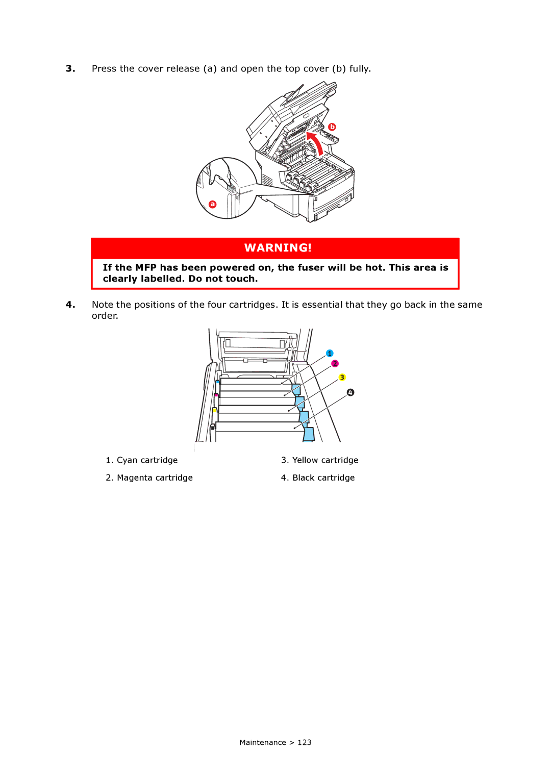 Oki MC860n MFP manual Press the cover release a and open the top cover b fully 