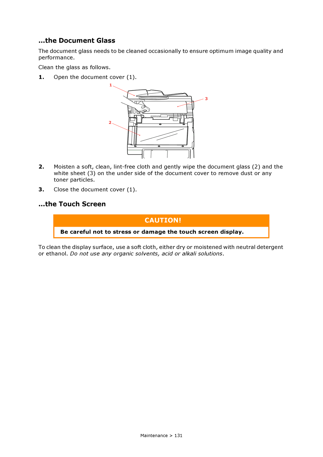 Oki MC860n MFP manual Document Glass, Touch Screen, Be careful not to stress or damage the touch screen display 