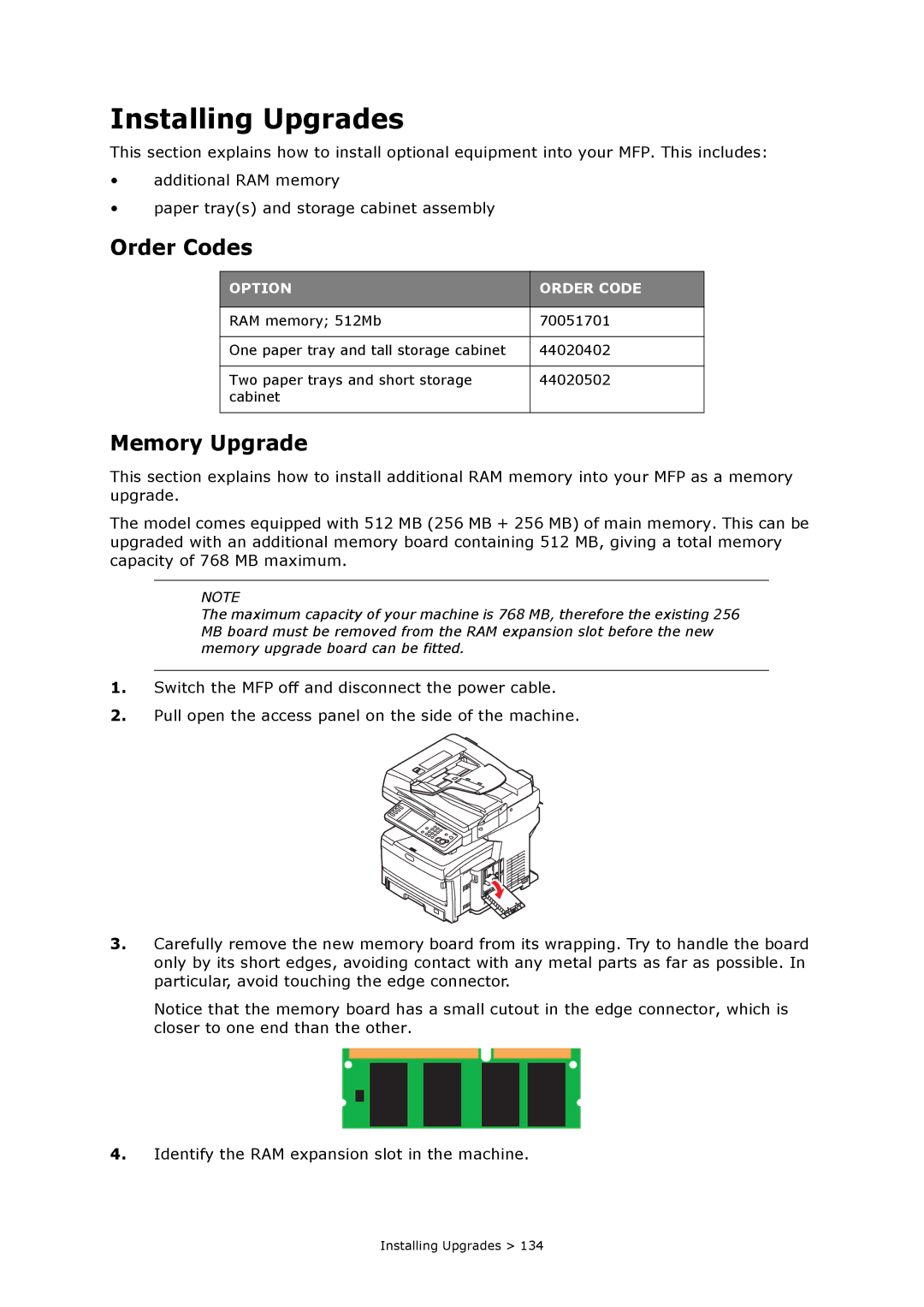 Oki MC860n MFP manual Installing Upgrades, Order Codes, Memory Upgrade 