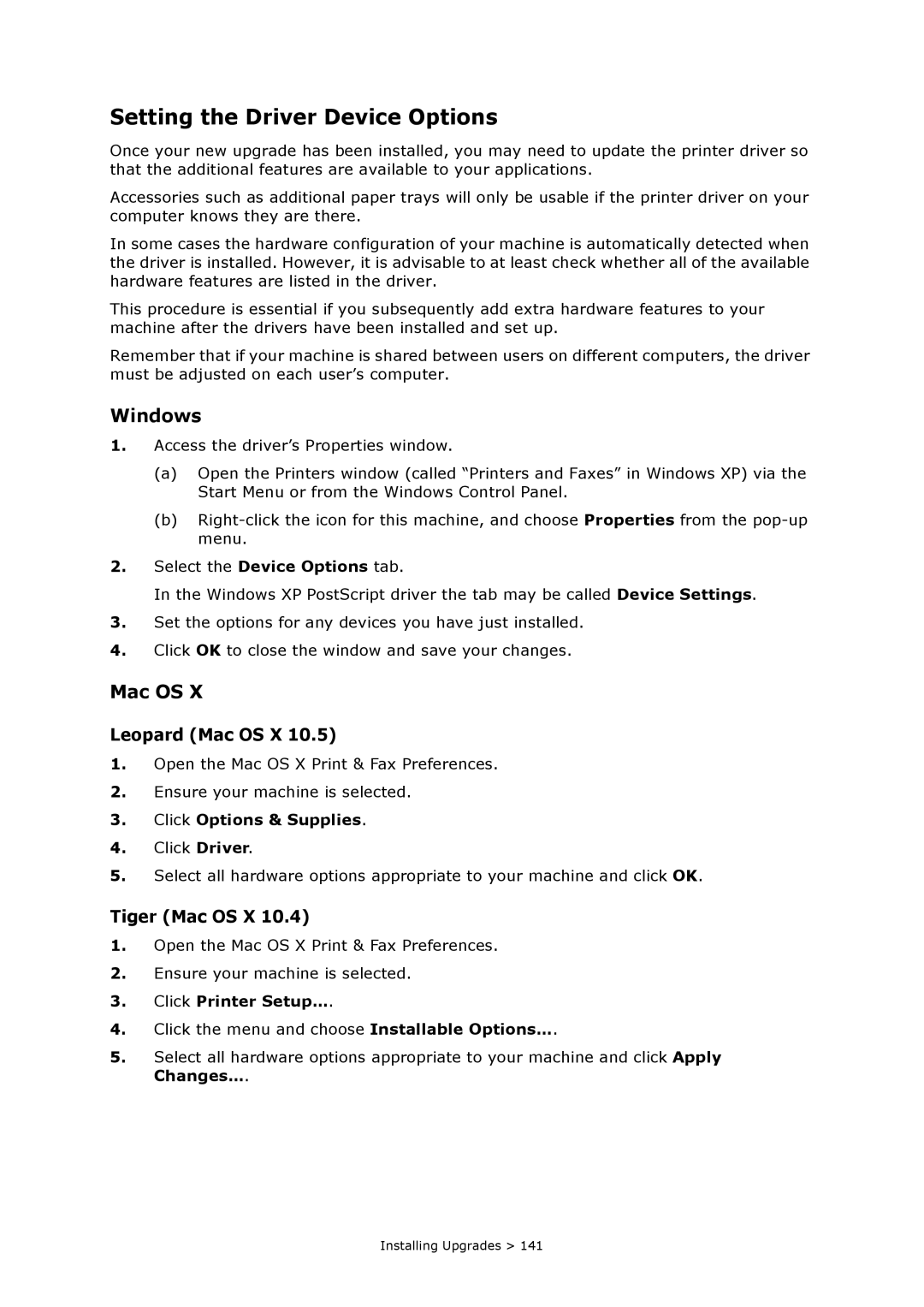 Oki MC860n MFP manual Setting the Driver Device Options, Windows, Leopard Mac OS X, Tiger Mac OS X 