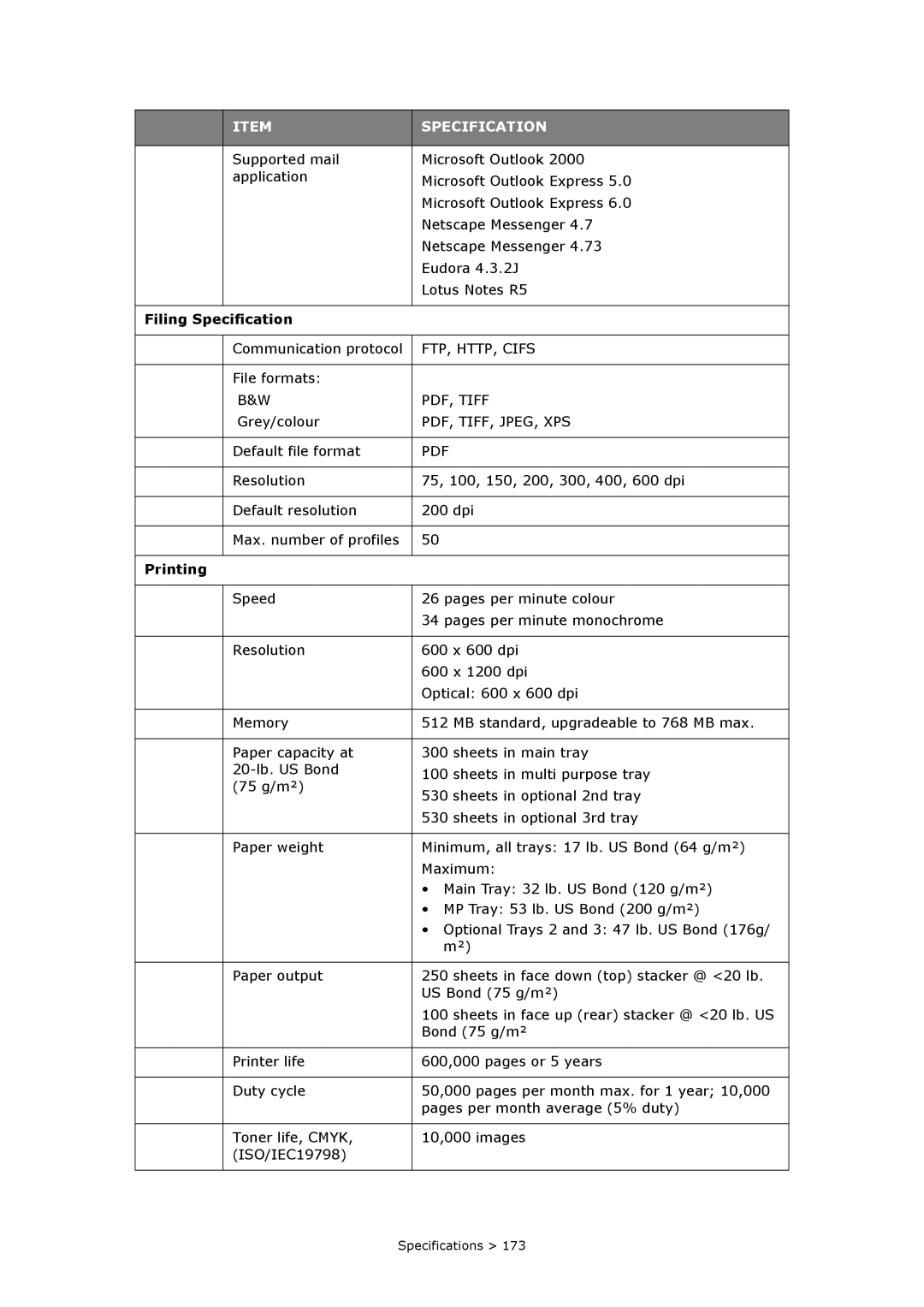 Oki MC860n MFP manual Filing Specification, Printing 