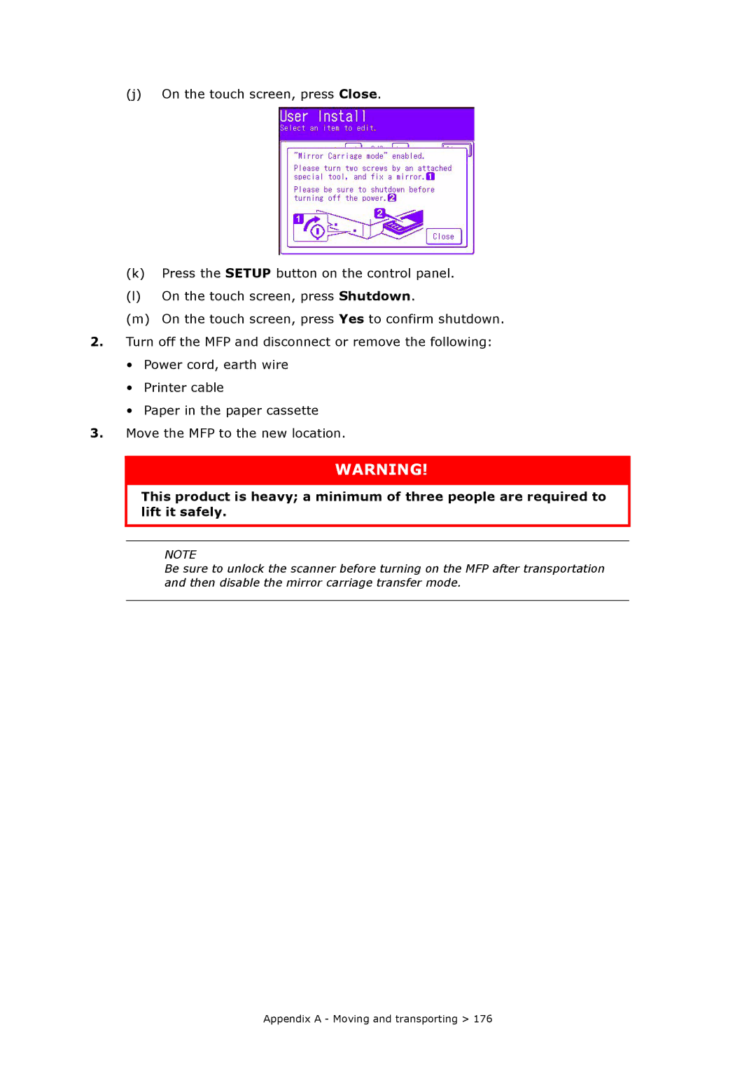 Oki MC860n MFP manual Appendix a Moving and transporting 