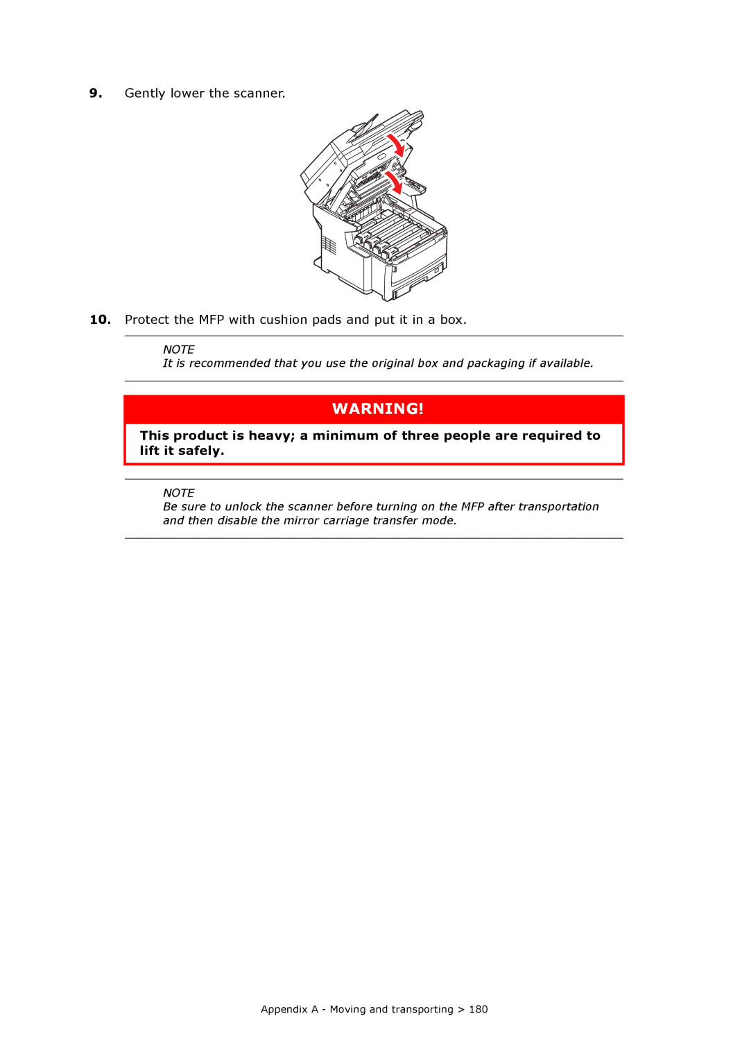 Oki MC860n MFP manual Appendix a Moving and transporting 