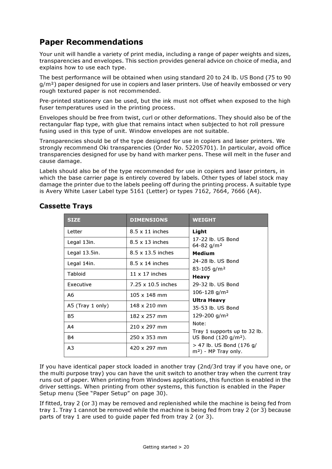 Oki MC860n MFP manual Paper Recommendations, Cassette Trays 