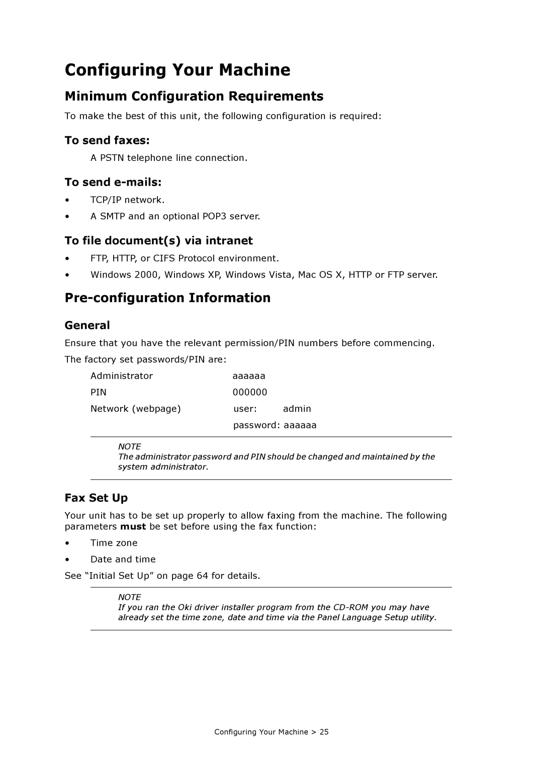 Oki MC860n MFP manual Configuring Your Machine, Minimum Configuration Requirements, Pre-configuration Information 