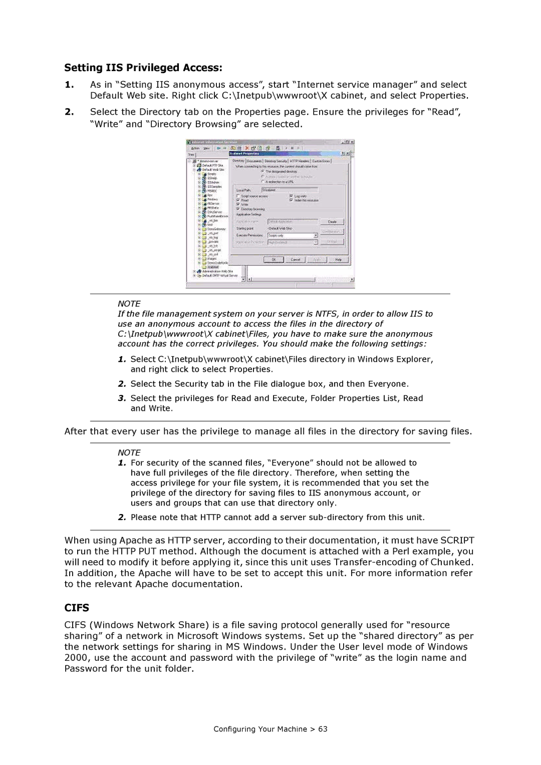 Oki MC860n MFP manual Setting IIS Privileged Access, Cifs 