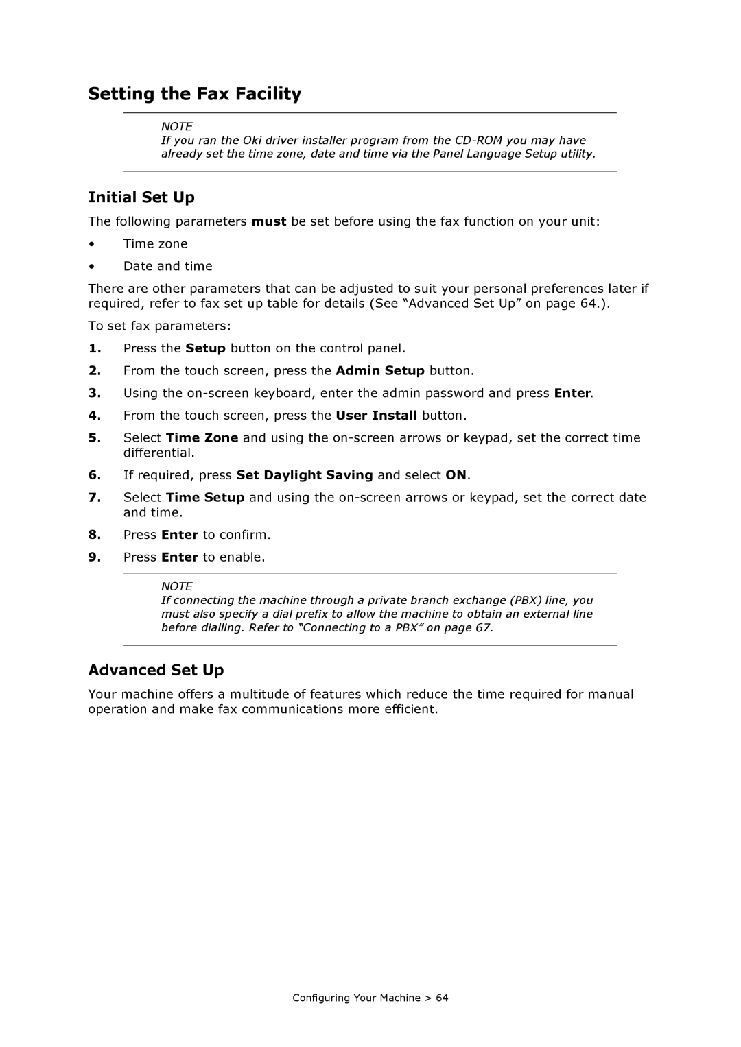 Oki MC860n MFP manual Setting the Fax Facility, Initial Set Up, Advanced Set Up 