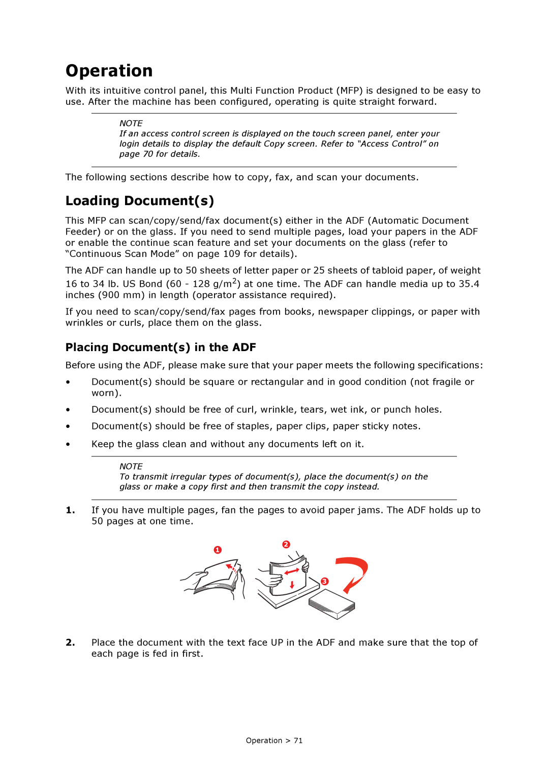 Oki MC860n MFP manual Operation, Loading Documents, Placing Documents in the ADF 