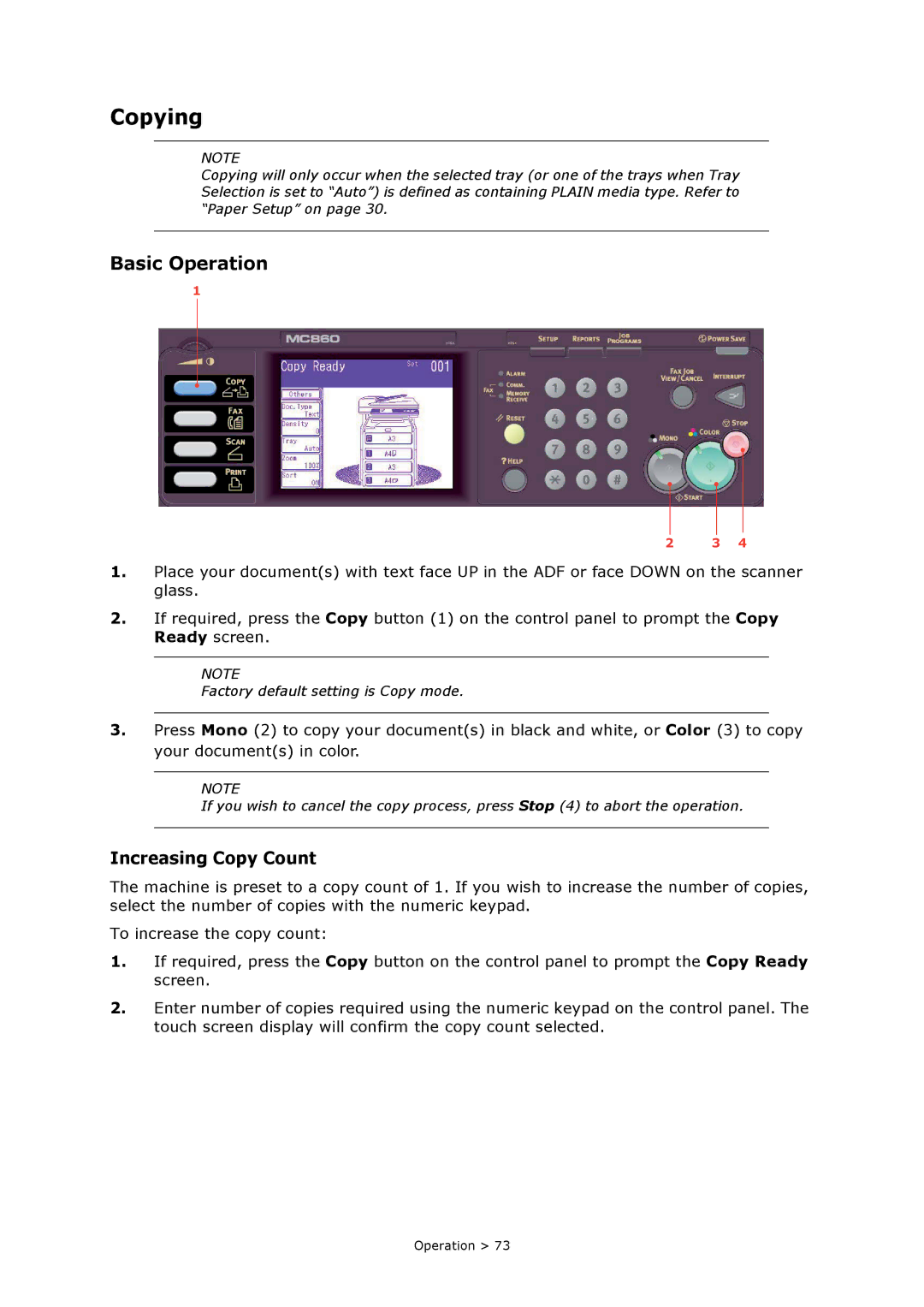 Oki MC860n MFP manual Copying, Basic Operation, Increasing Copy Count 