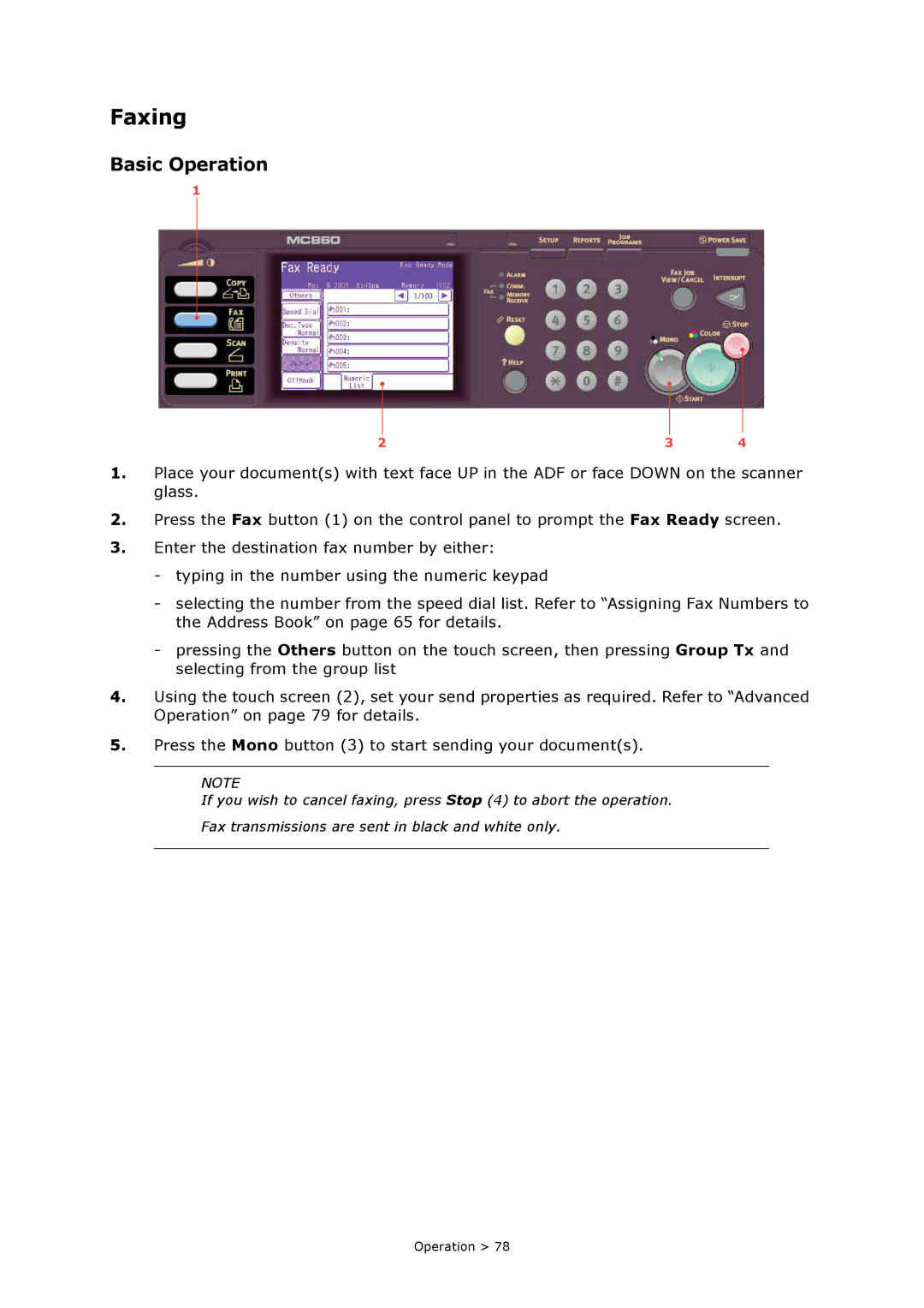 Oki MC860n MFP manual Faxing, Basic Operation 