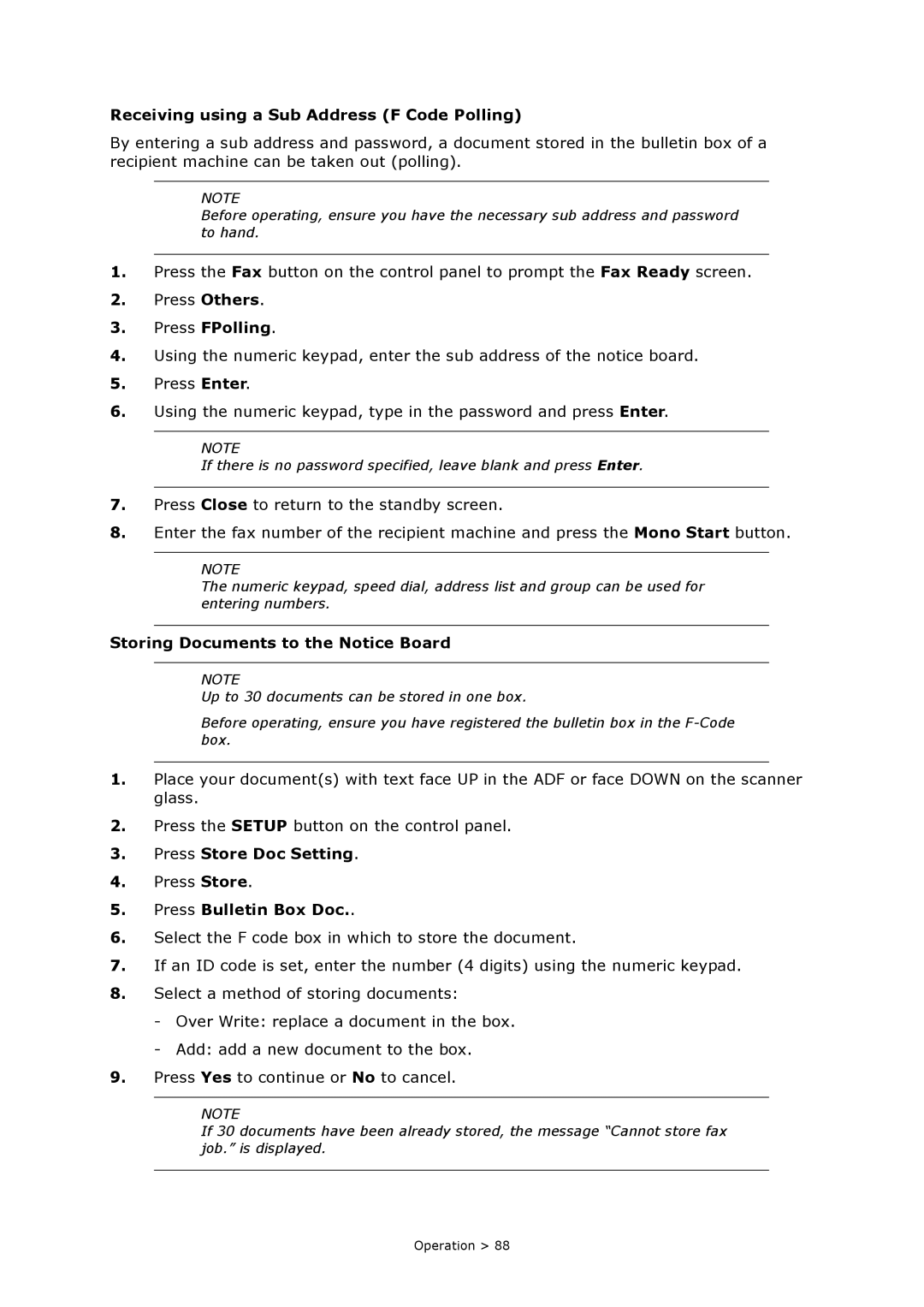 Oki MC860n MFP manual Receiving using a Sub Address F Code Polling, Press FPolling, Storing Documents to the Notice Board 