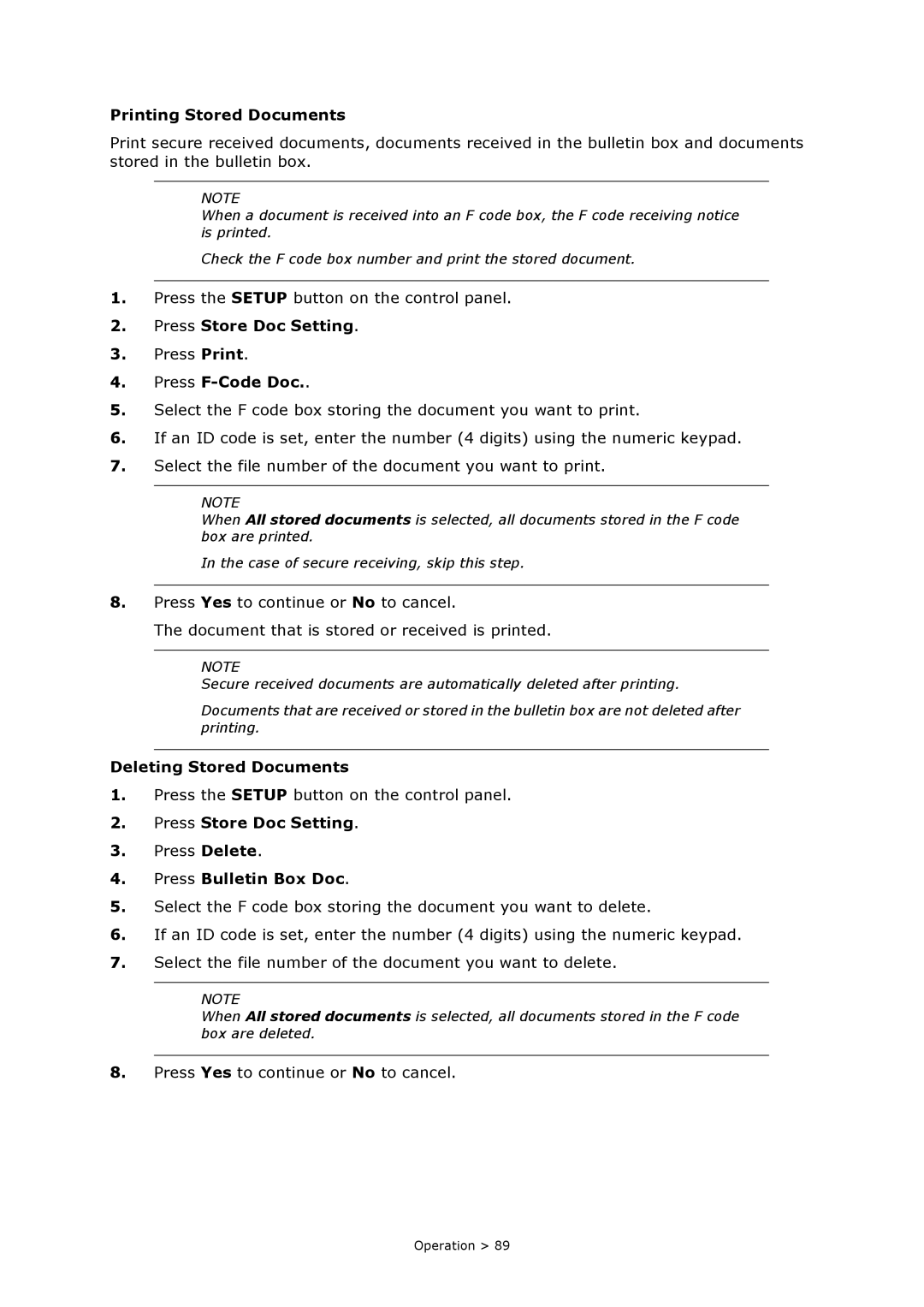 Oki MC860n MFP manual Printing Stored Documents, Press F-Code Doc, Deleting Stored Documents 