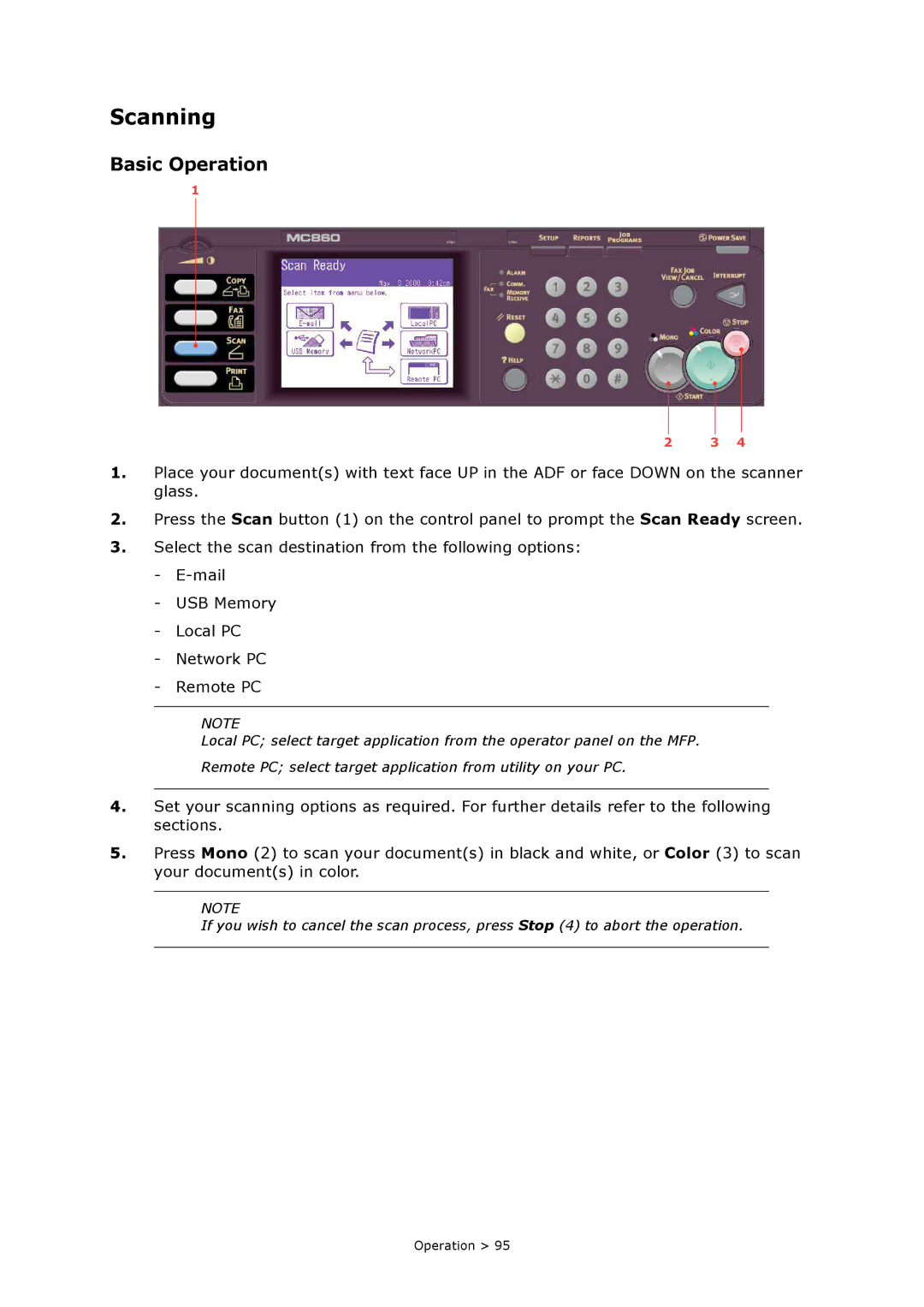 Oki MC860n MFP manual Scanning, Basic Operation 