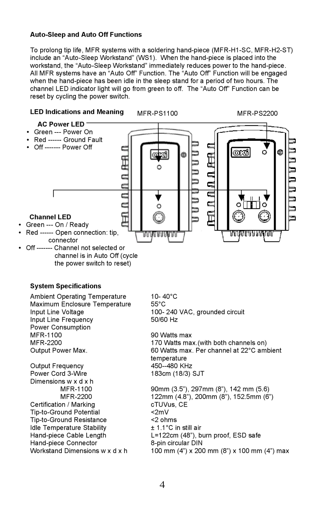 Oki MFR-1100 manual Auto-Sleep and Auto Off Functions, LED Indications and Meaning MFR-PS1100, AC Power LED, Channel LED 