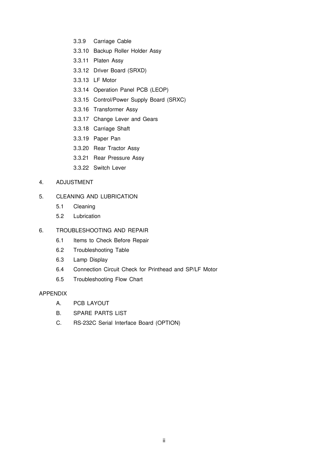 Oki 3391, 3390 Adjustment Cleaning and Lubrication, Troubleshooting and Repair, Appendix PCB Layout Spare Parts List 