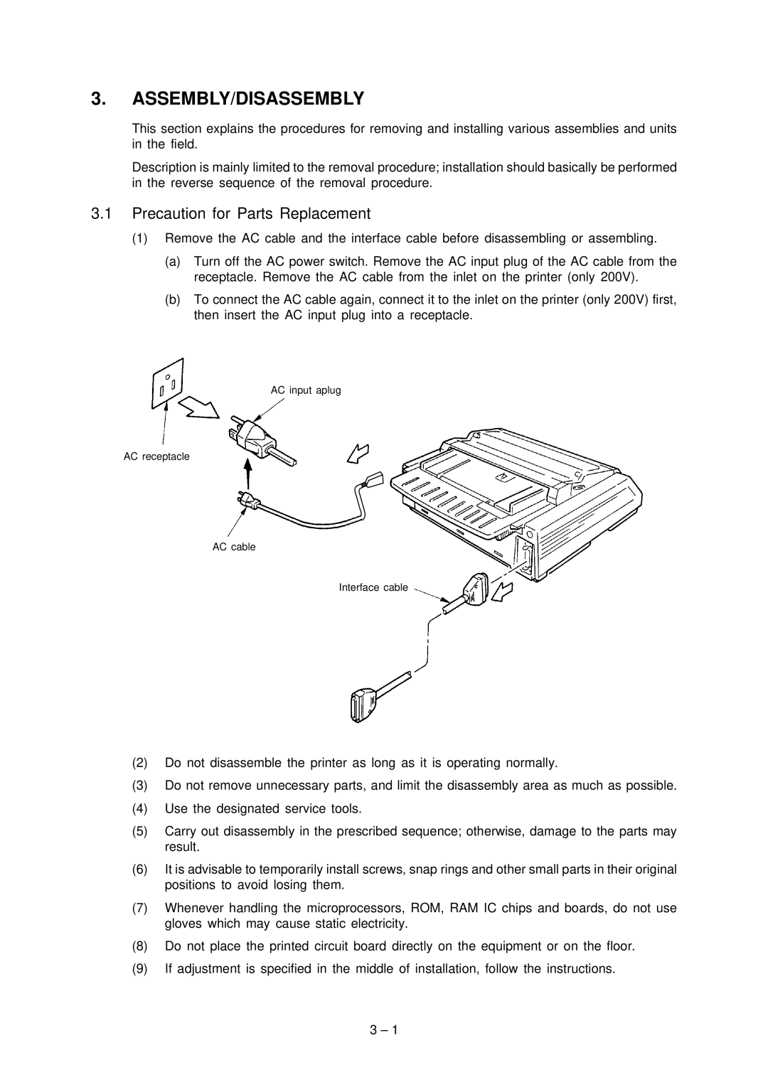 Oki 3391, Microline Printer, 3390 specifications Assembly/Disassembly, Precaution for Parts Replacement 