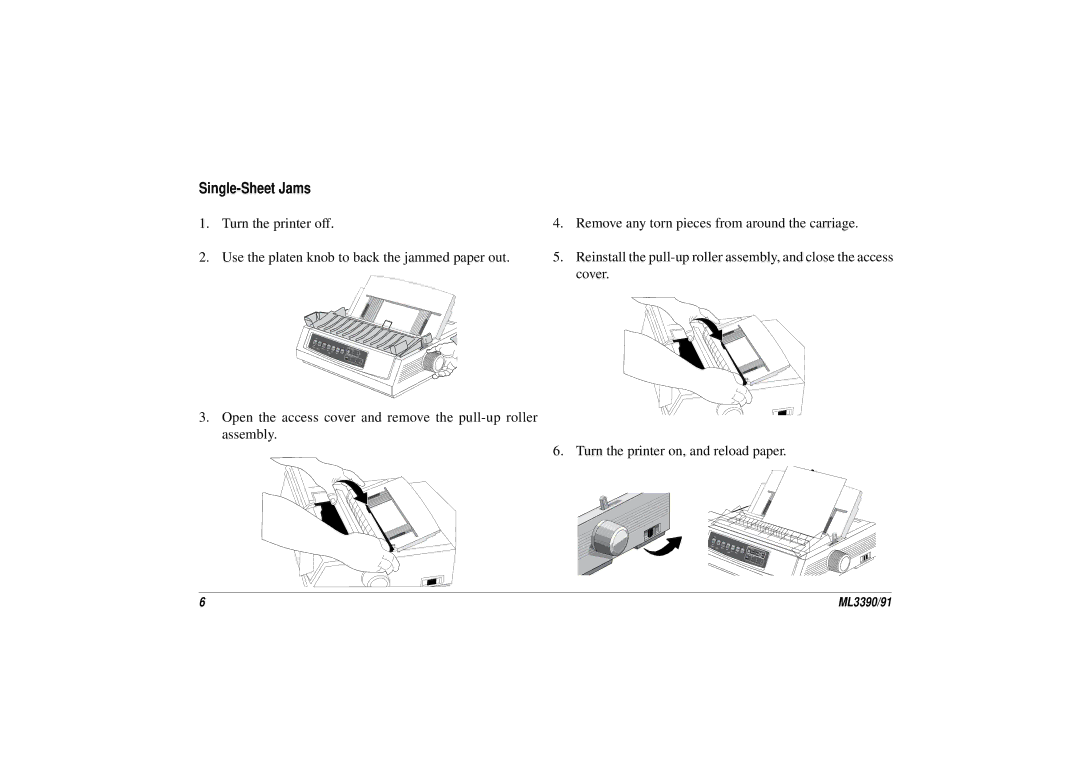 Oki ML 3390, 3391 manual Single-Sheet Jams 