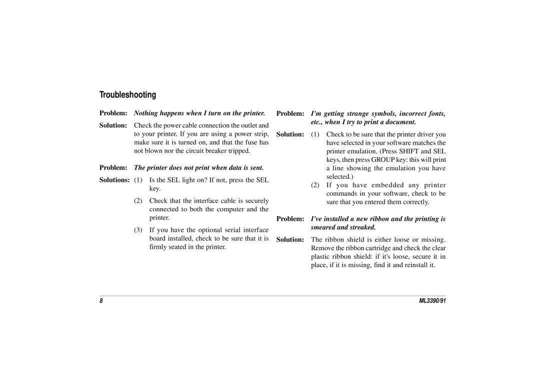 Oki ML 3390, 3391 manual Troubleshooting, Problem The printer does not print when data is sent 