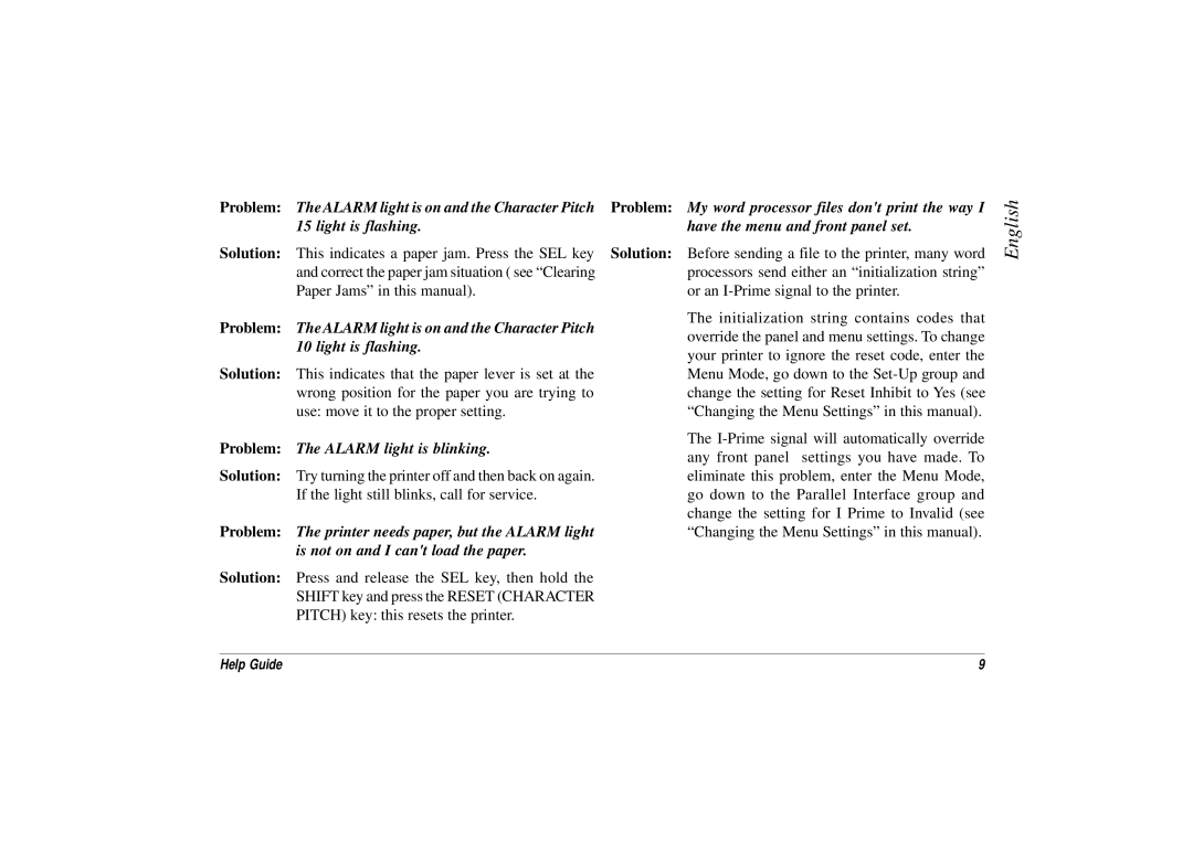 Oki 3391, ML 3390 manual Problem The Alarm light is blinking 