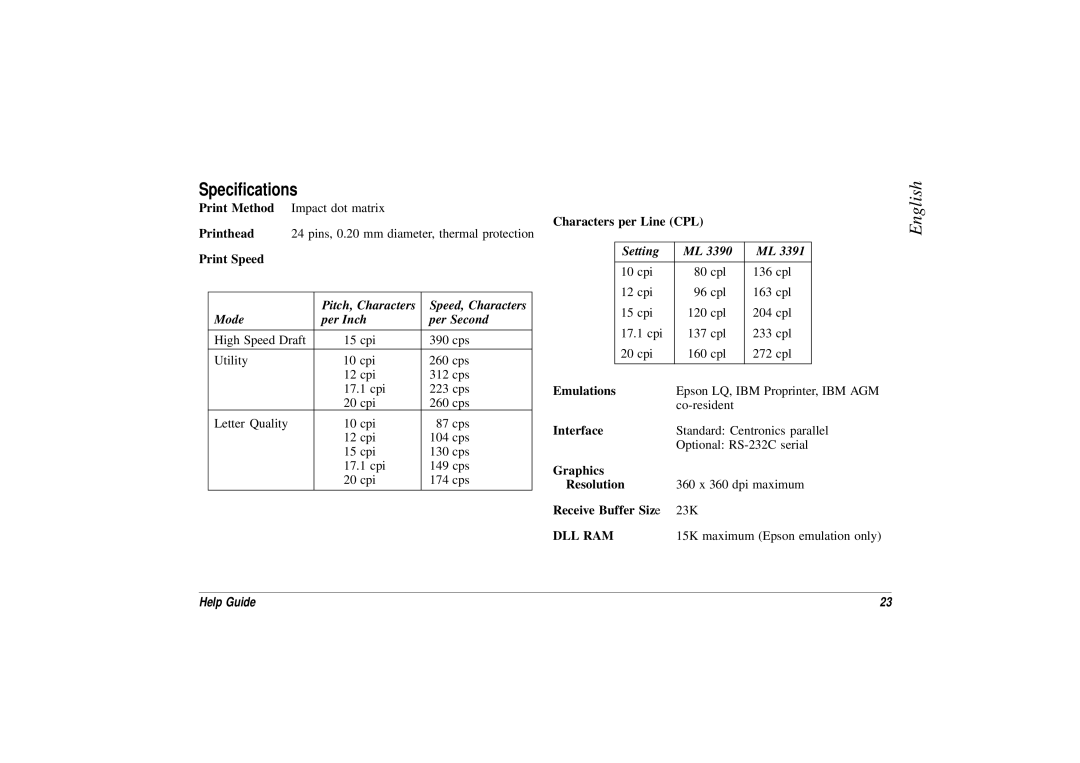 Oki 3391, ML 3390 manual Specifications, Setting 