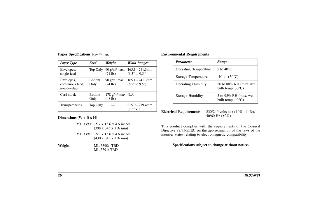 Oki ML 3390, 3391 manual Parameter Range 