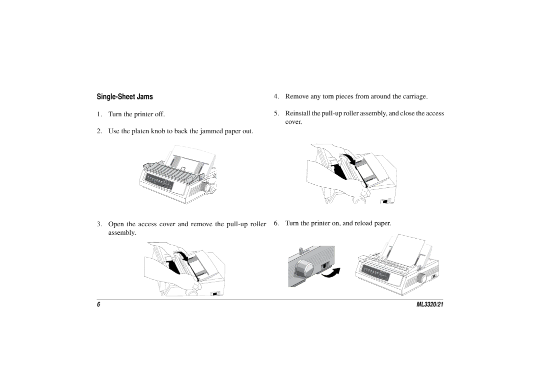 Oki ML3320, ML3321 manual Single-Sheet Jams 