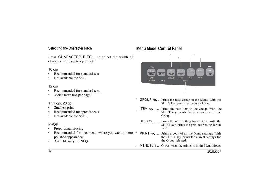 Oki ML3320, ML3321 manual Menu Mode Control Panel 