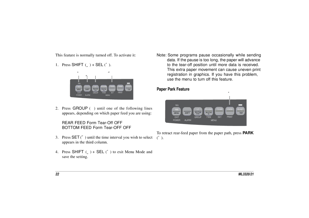 Oki ML3320, ML3321 manual Rear Feed Form Tear-Off OFF Bottom Feed Form Tear-OFF OFF 