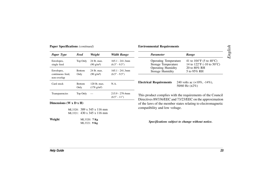 Oki ML3321, ML3320 manual Specifications subject to change without notice 