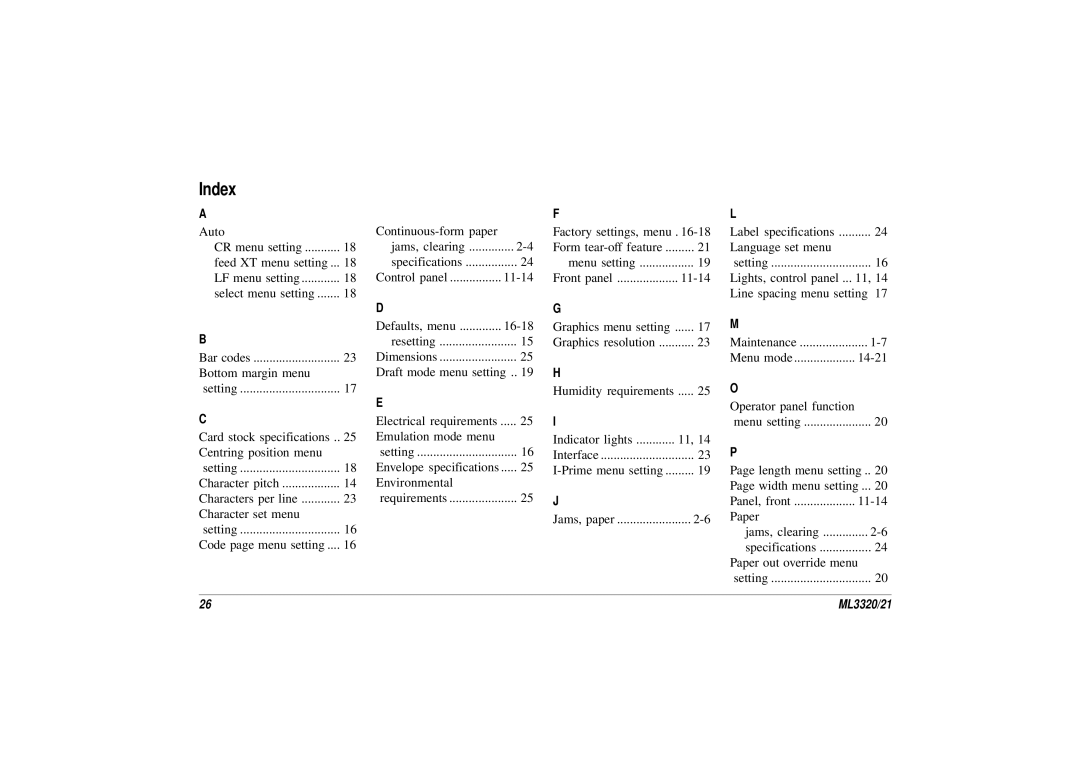 Oki ML3320, ML3321 manual Index 