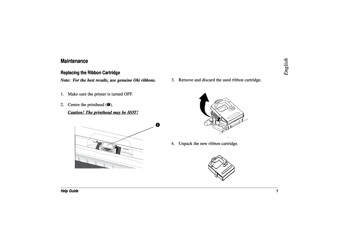 Oki ML3321, ML3320 manual Maintenance, English, Replacing the Ribbon Cartridge, Help Guide 