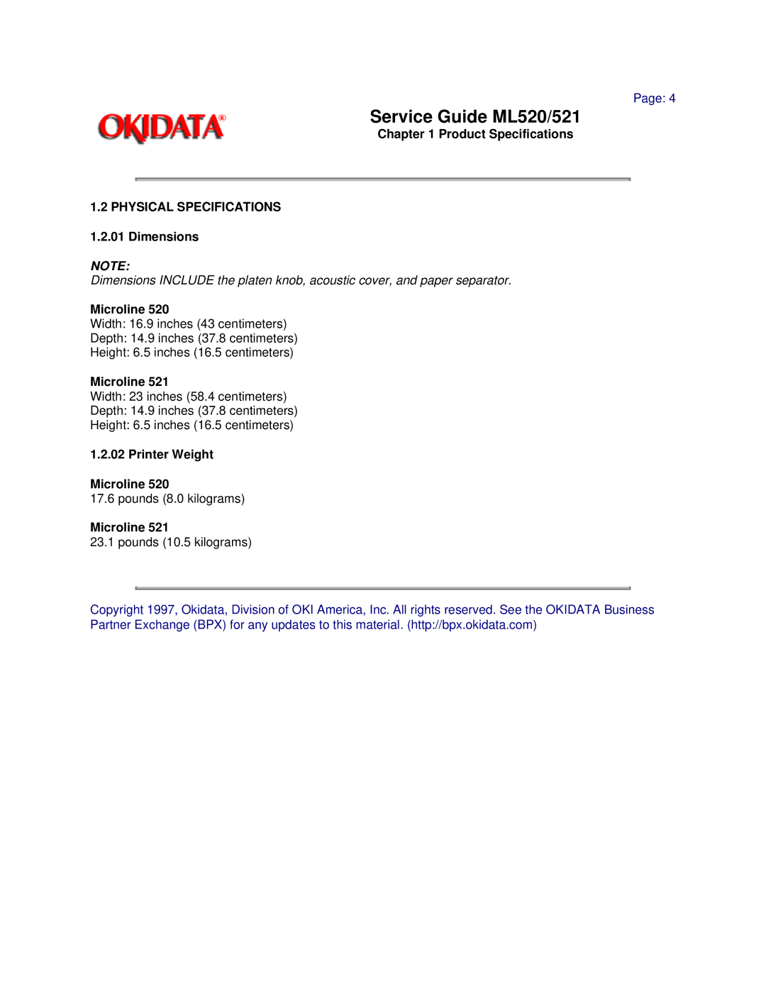 Oki ML520, ML521 manual Printer Weight Microline 