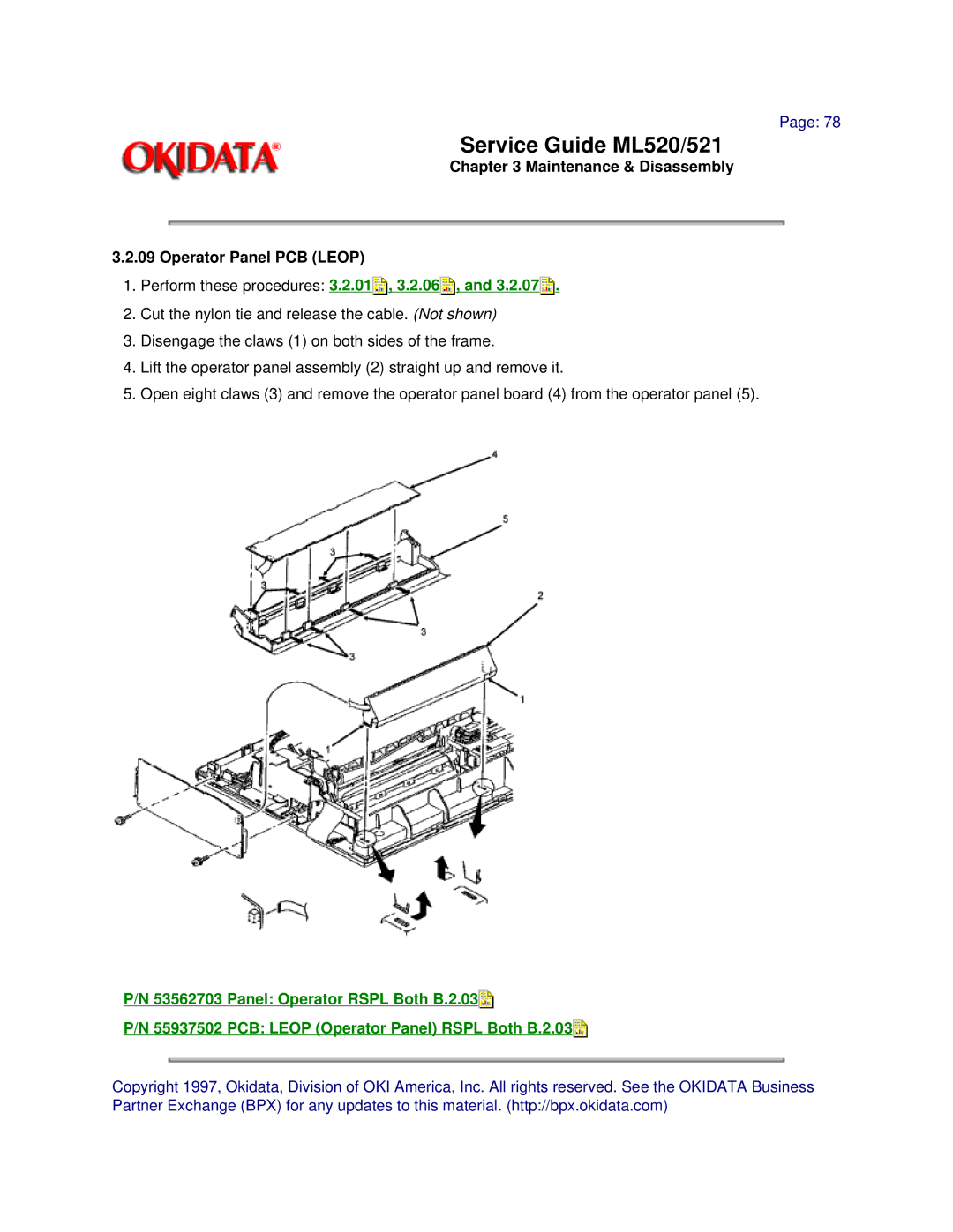 Oki ML521, ML520 manual Maintenance & Disassembly Operator Panel PCB Leop, Perform these procedures 3.2.01 , 3.2.06 