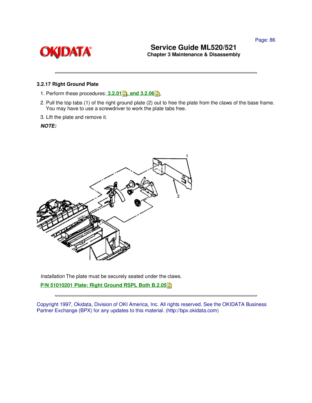 Oki ML521, ML520 manual Maintenance & Disassembly Right Ground Plate, Plate Right Ground Rspl Both B.2.05 