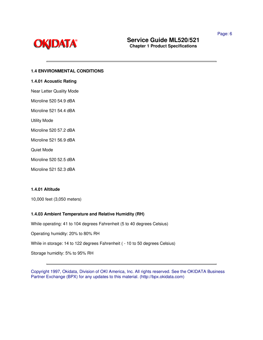 Oki ML520, ML521 manual Altitude, Ambient Temperature and Relative Humidity RH 