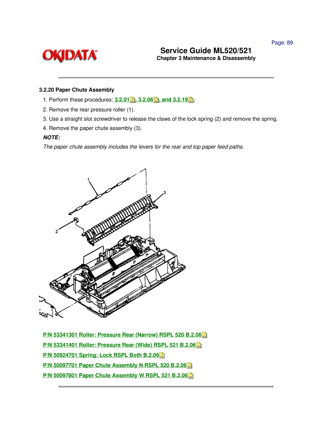 Oki ML521, ML520 manual Maintenance & Disassembly Paper Chute Assembly 