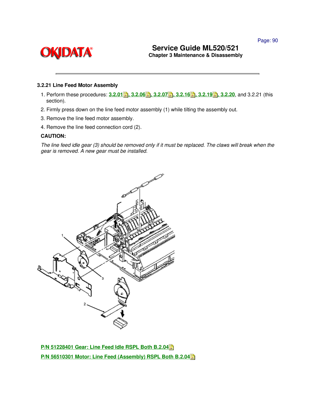 Oki ML521, ML520 manual Maintenance & Disassembly Line Feed Motor Assembly 