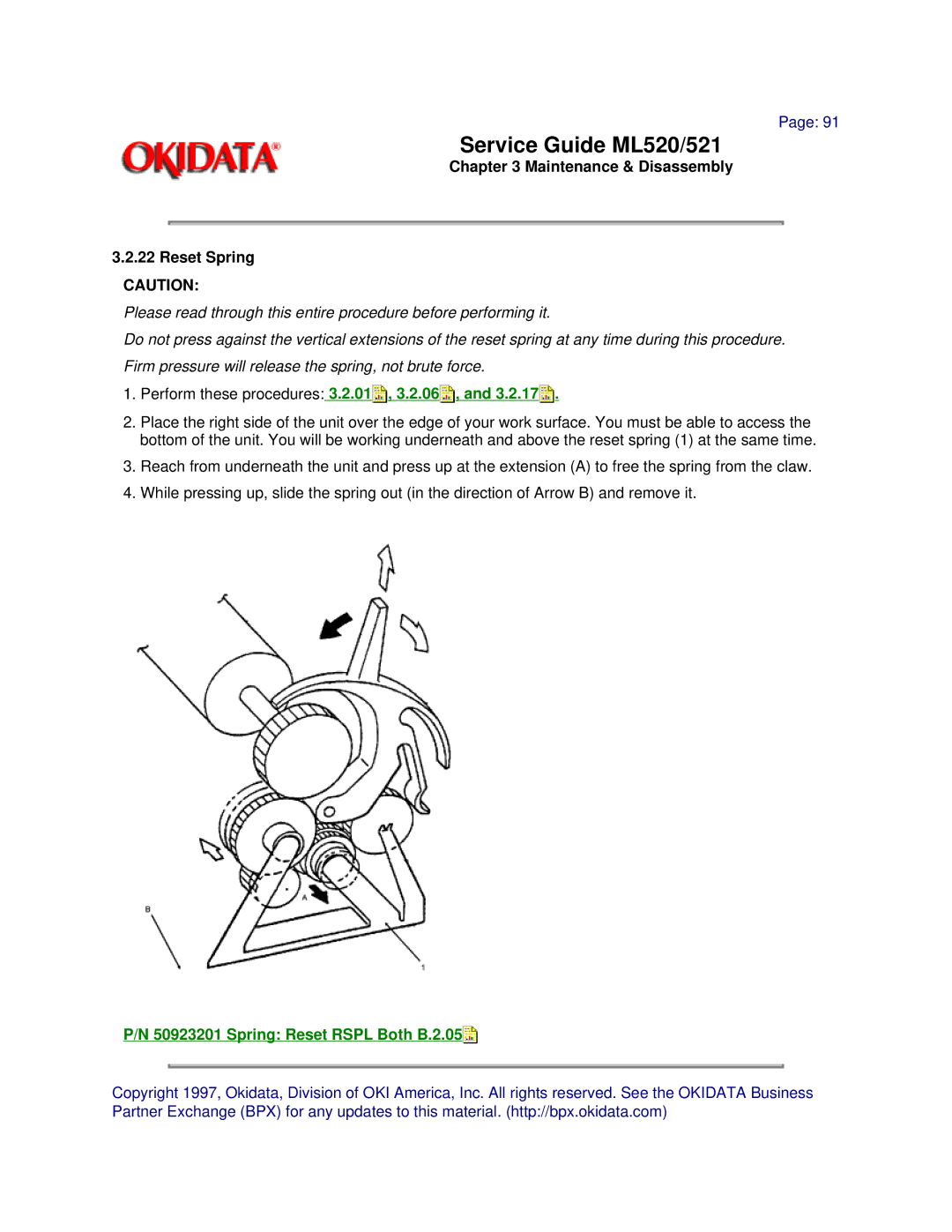 Oki ML521, ML520 manual Maintenance & Disassembly Reset Spring, Spring Reset Rspl Both B.2.05 