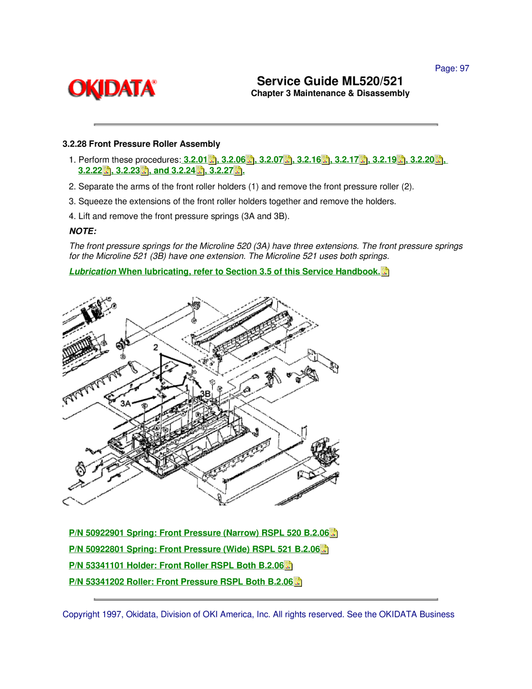 Oki ML520, ML521 manual Maintenance & Disassembly Front Pressure Roller Assembly 