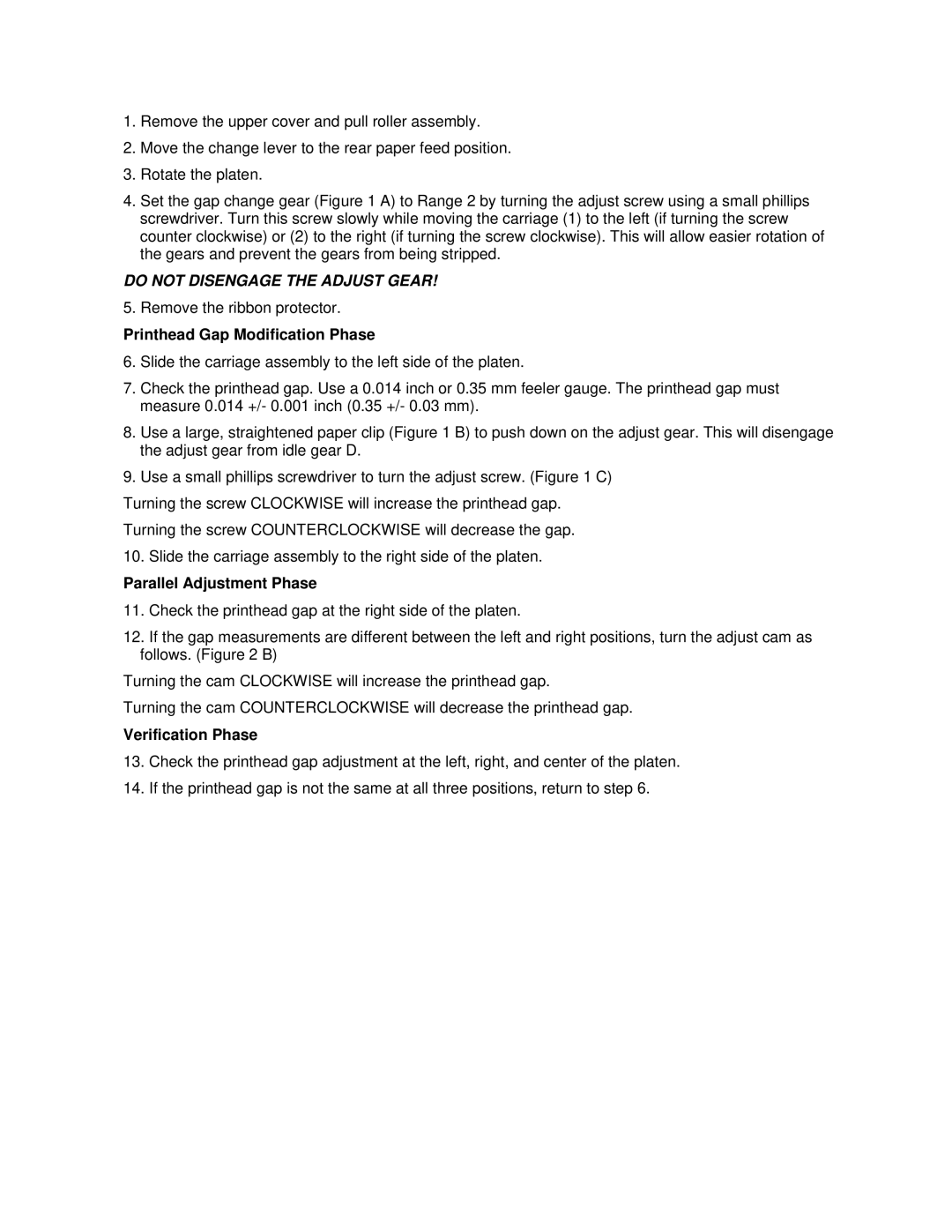 Oki ML520, ML521 manual Printhead Gap Modification Phase, Parallel Adjustment Phase, Verification Phase 