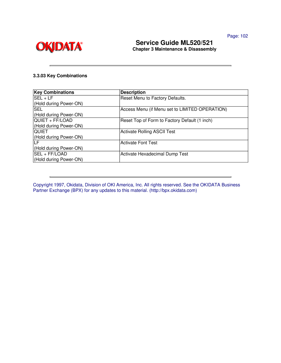 Oki ML520, ML521 manual Maintenance & Disassembly Key Combinations Description, Sel + Ff/Load 