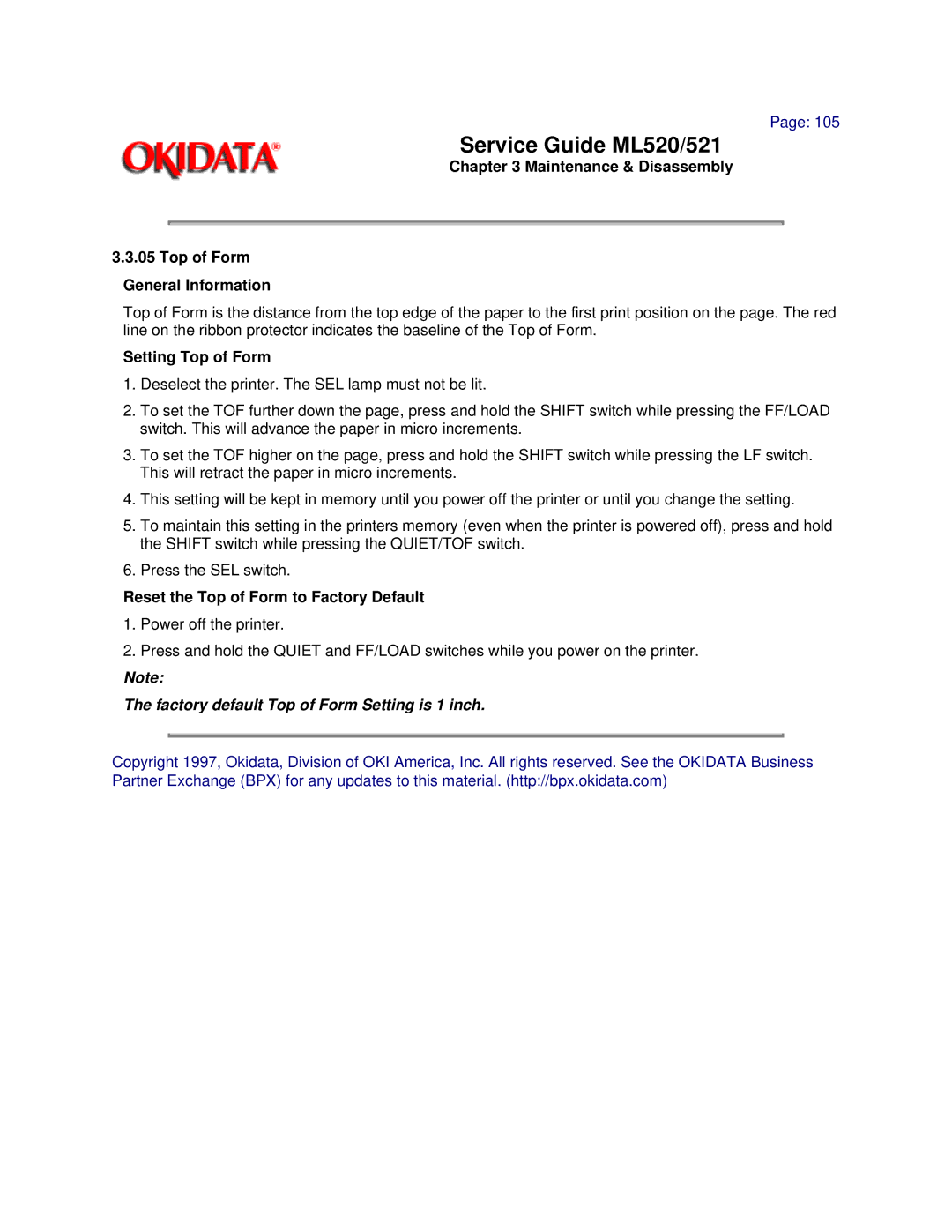 Oki ML520, ML521 manual Maintenance & Disassembly Top of Form General Information, Setting Top of Form 