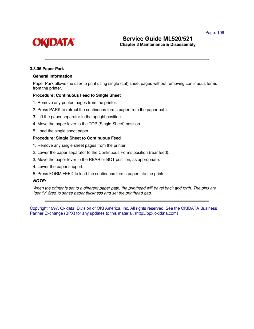 Oki ML521, ML520 manual Maintenance & Disassembly Paper Park General Information, Procedure Continuous Feed to Single Sheet 