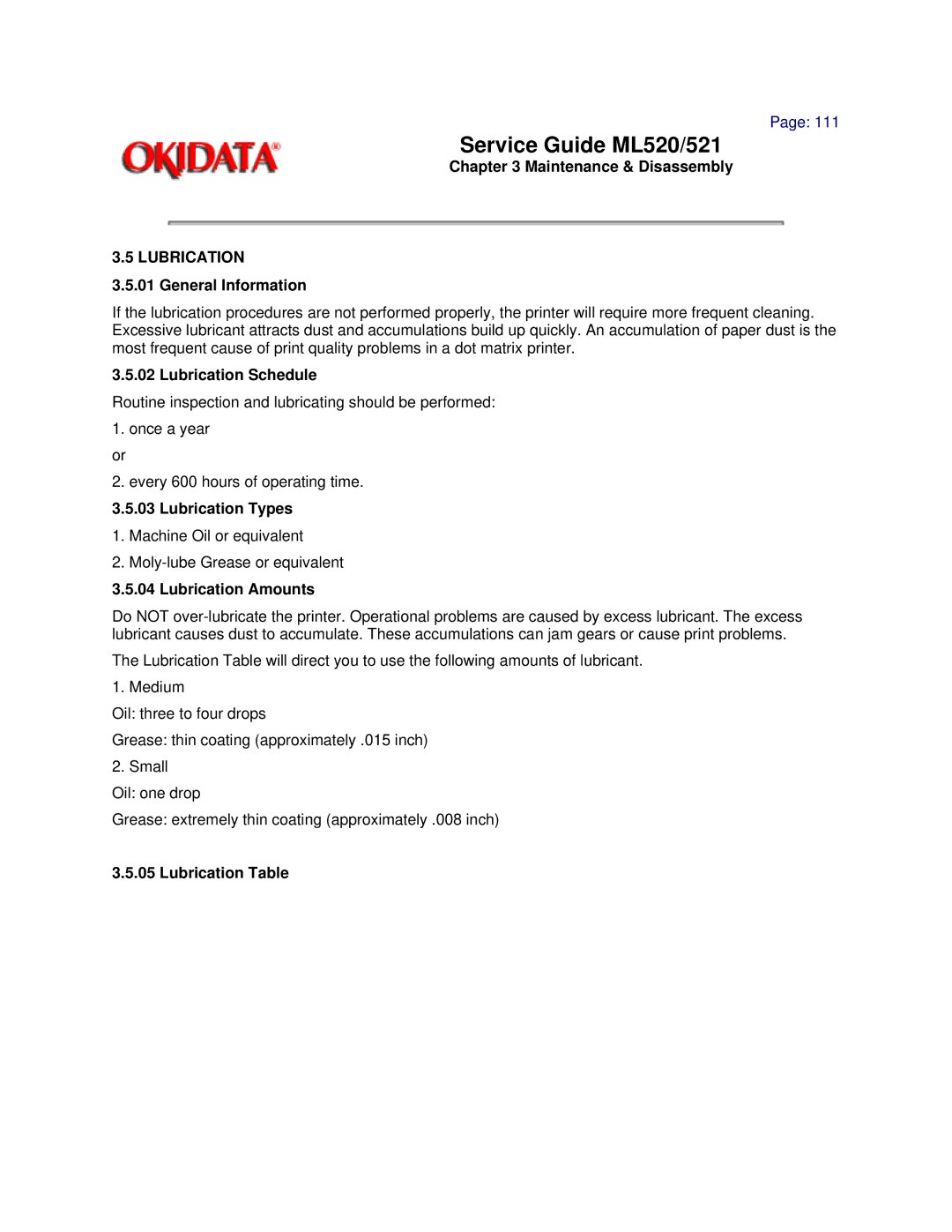 Oki ML521, ML520 manual Lubrication Schedule, Lubrication Types, Lubrication Amounts, Lubrication Table 