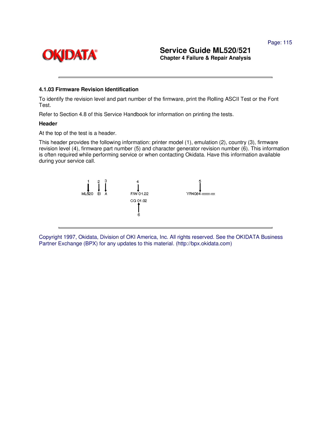 Oki ML520, ML521 manual Failure & Repair Analysis Firmware Revision Identification, Header 