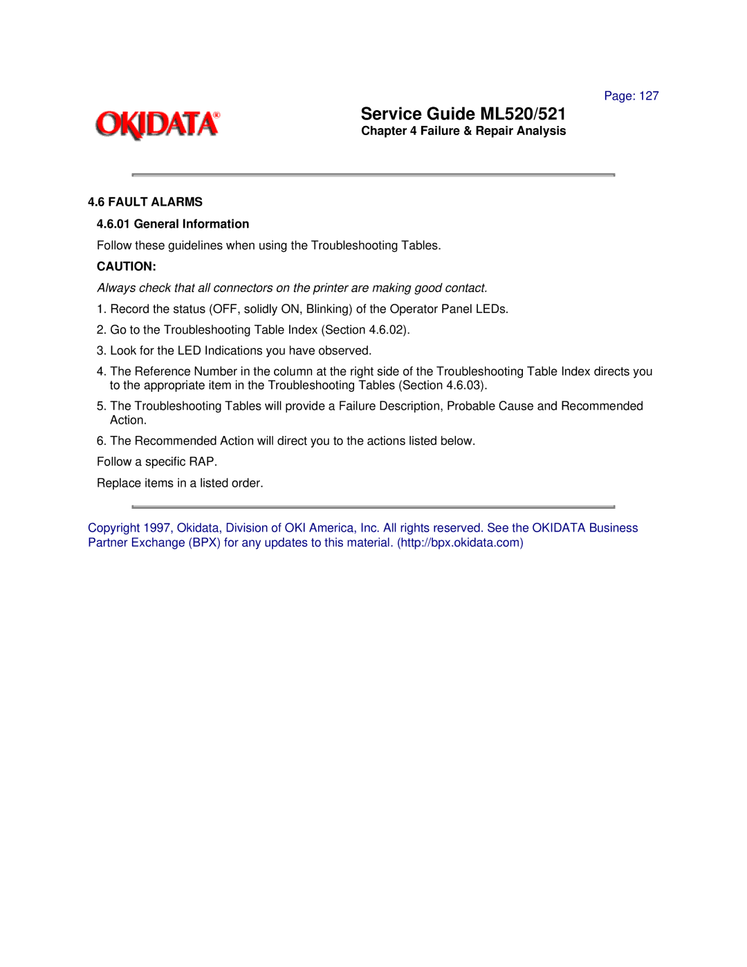 Oki ML520, ML521 manual Failure & Repair Analysis, Fault Alarms 